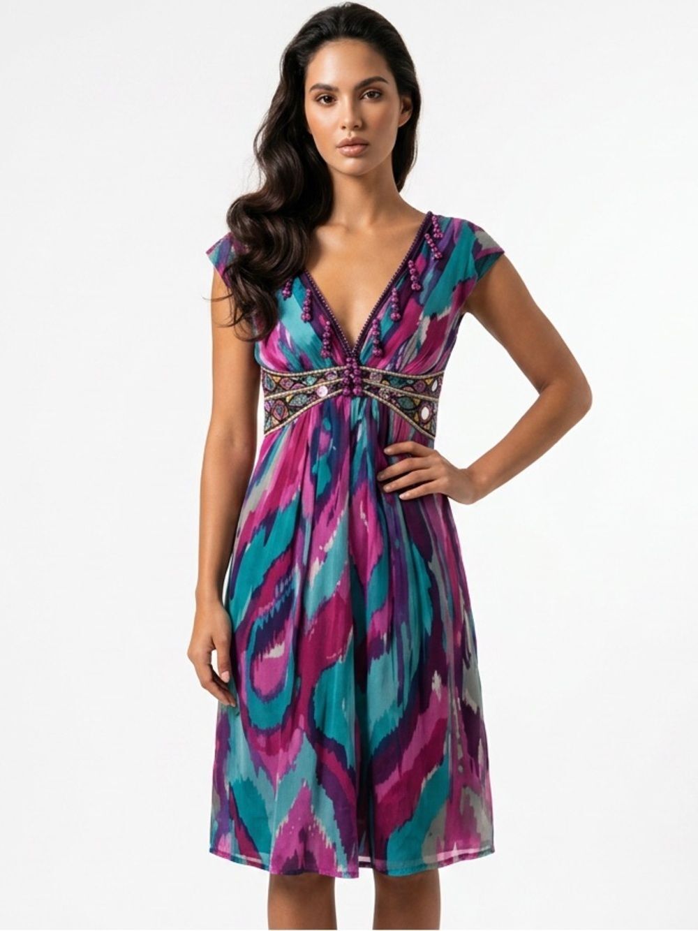 NANETTE LEPORE | Silk Colorful Embellished Beaded Dress Women’s Size 2
